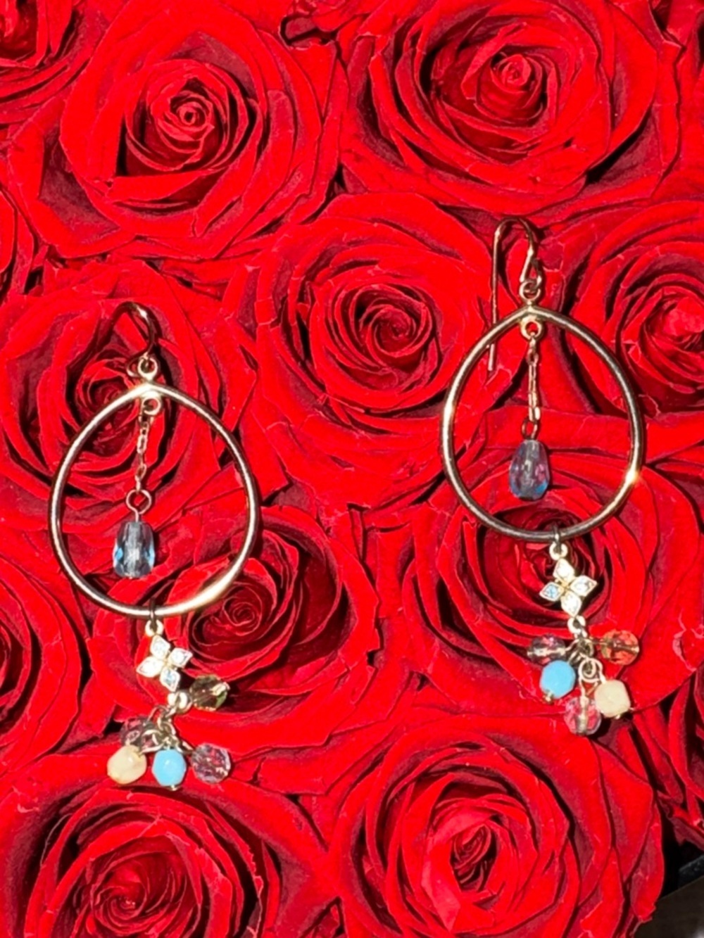Boho Gold Hoop Charm Earrings | Cross Accent + Blue Crystal & Beaded Dangles